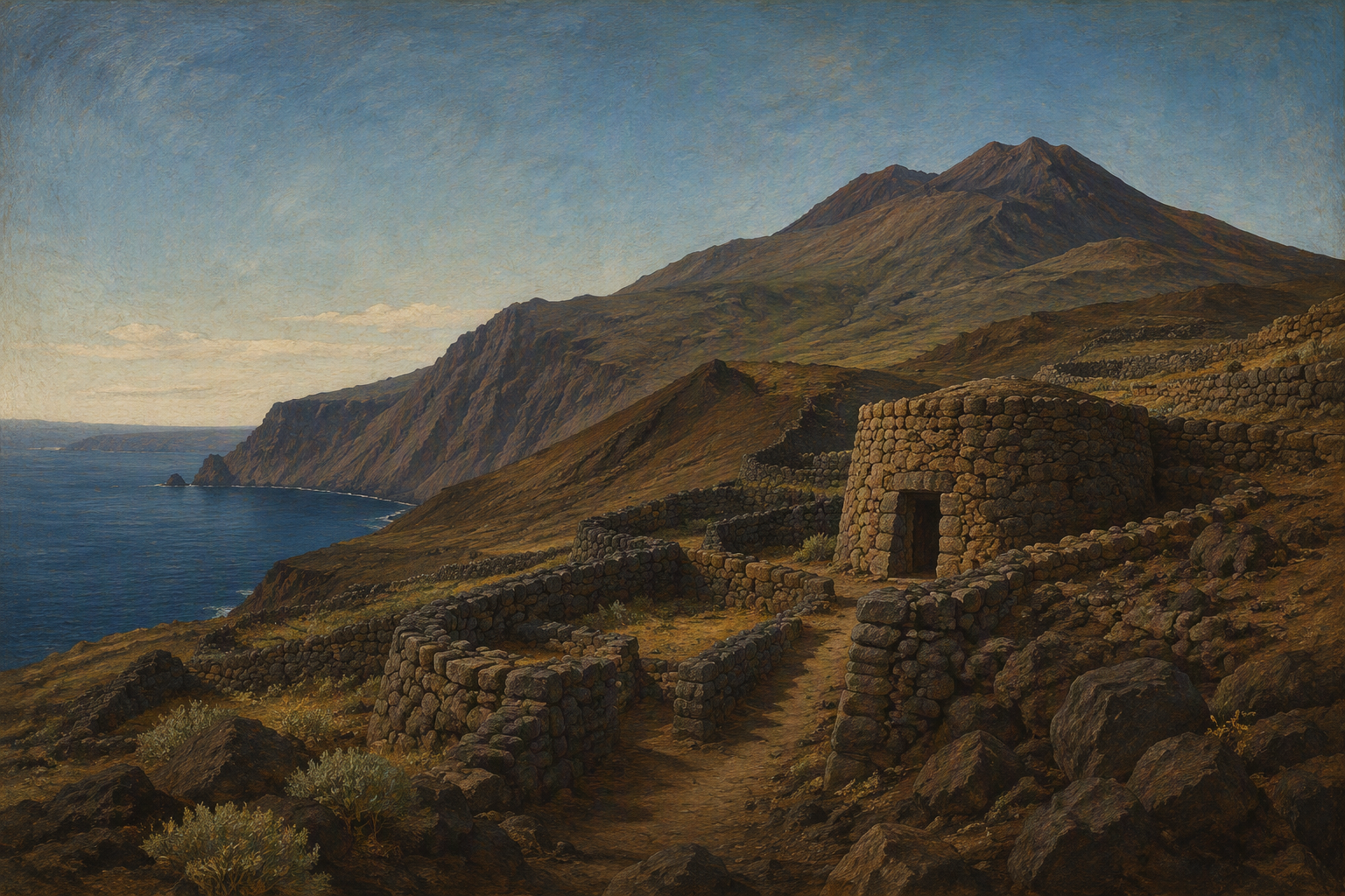 Historiallisia kivirakennelmia El Hierron karussa tulivuorimaisemassa