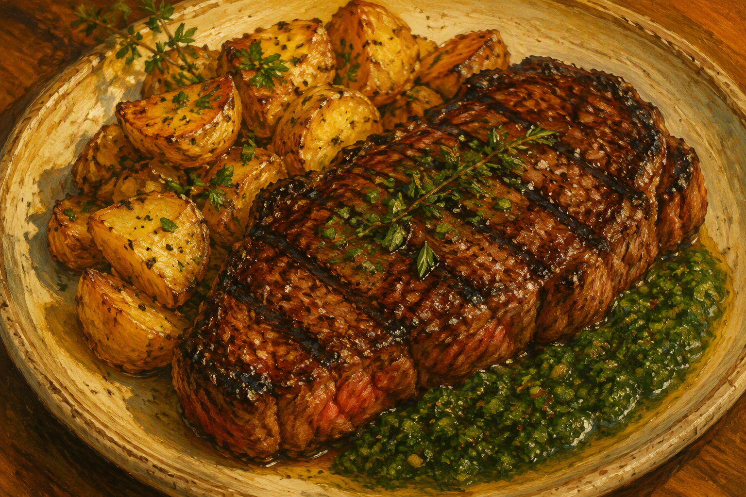 Grillattu pihvi ja perunoita kastikkeella