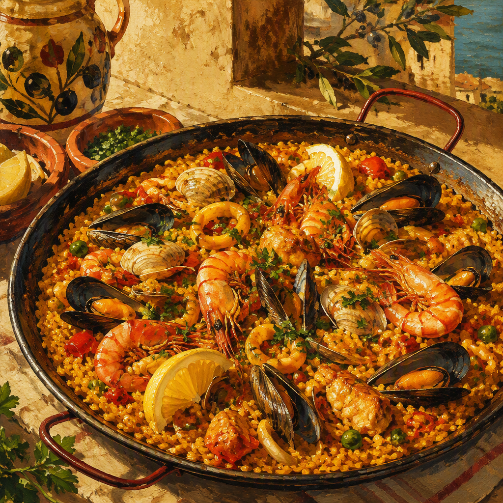 Tuoretta mereneläväpaellaa tarjoiltuna perinteisestä pannusta Tuoretta mereneläväpaellaa tarjoiltuna perinteisestä pannusta