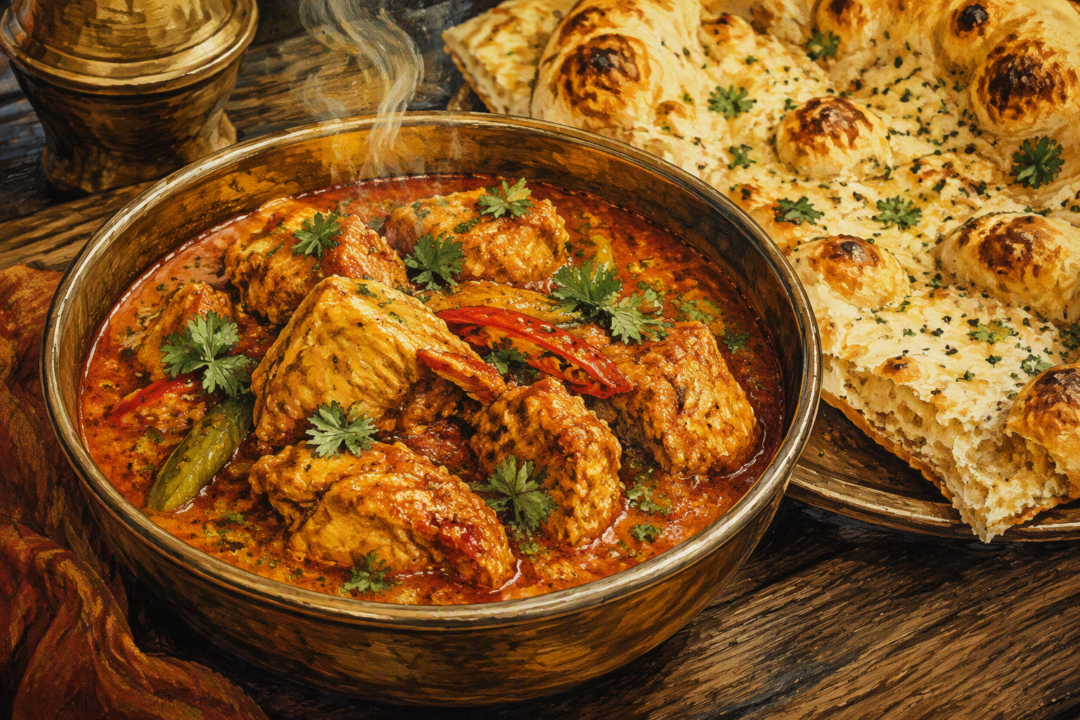 Höyryävä intialainen curryannos ja naan-leipää Höyryävä intialainen curryannos ja naan-leipää
