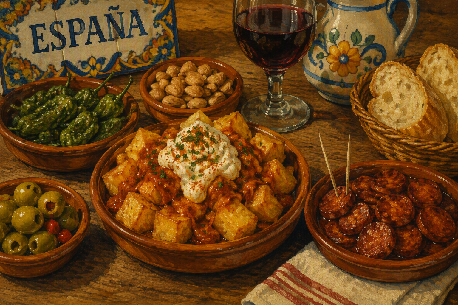 Espanjalaisia tapaksia puupöydällä Espanjalaisia tapaksia puupöydällä