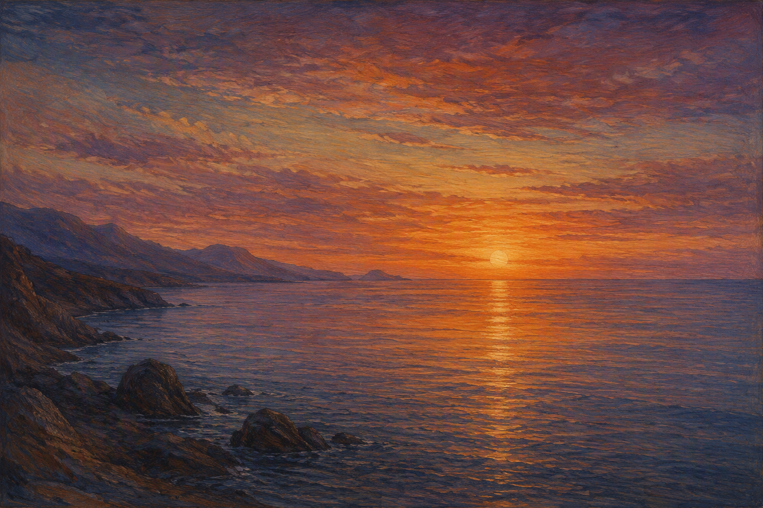 Auringonlasku värjää taivaan ja merenpinnan hehkullaan Auringonlasku värjää taivaan ja merenpinnan hehkullaan
