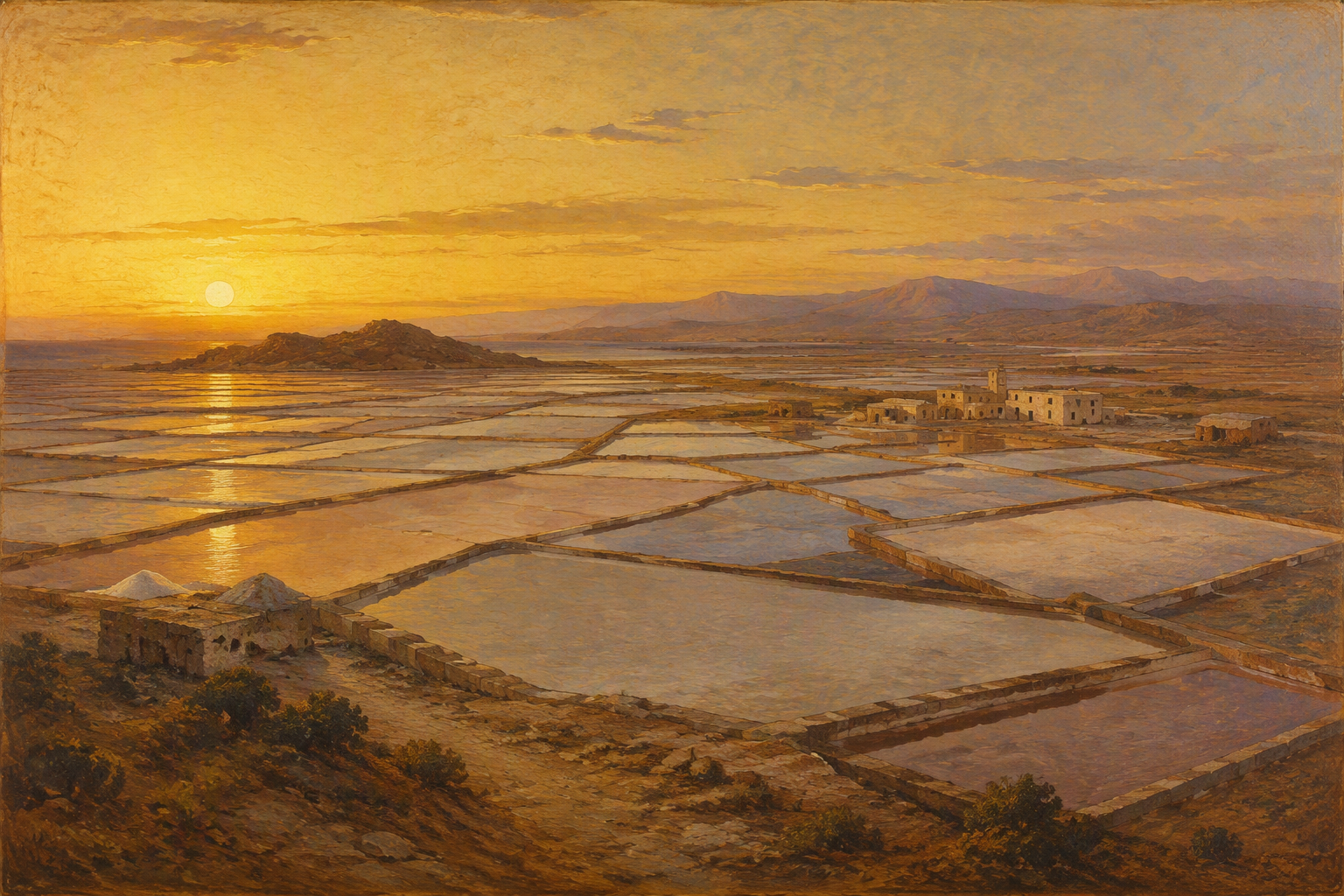 Salinas de Janubion suola-altaat auringonlaskun aikaan