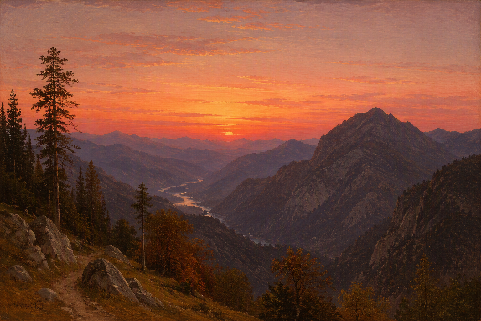 Auringonlasku vuoristomaisemassa