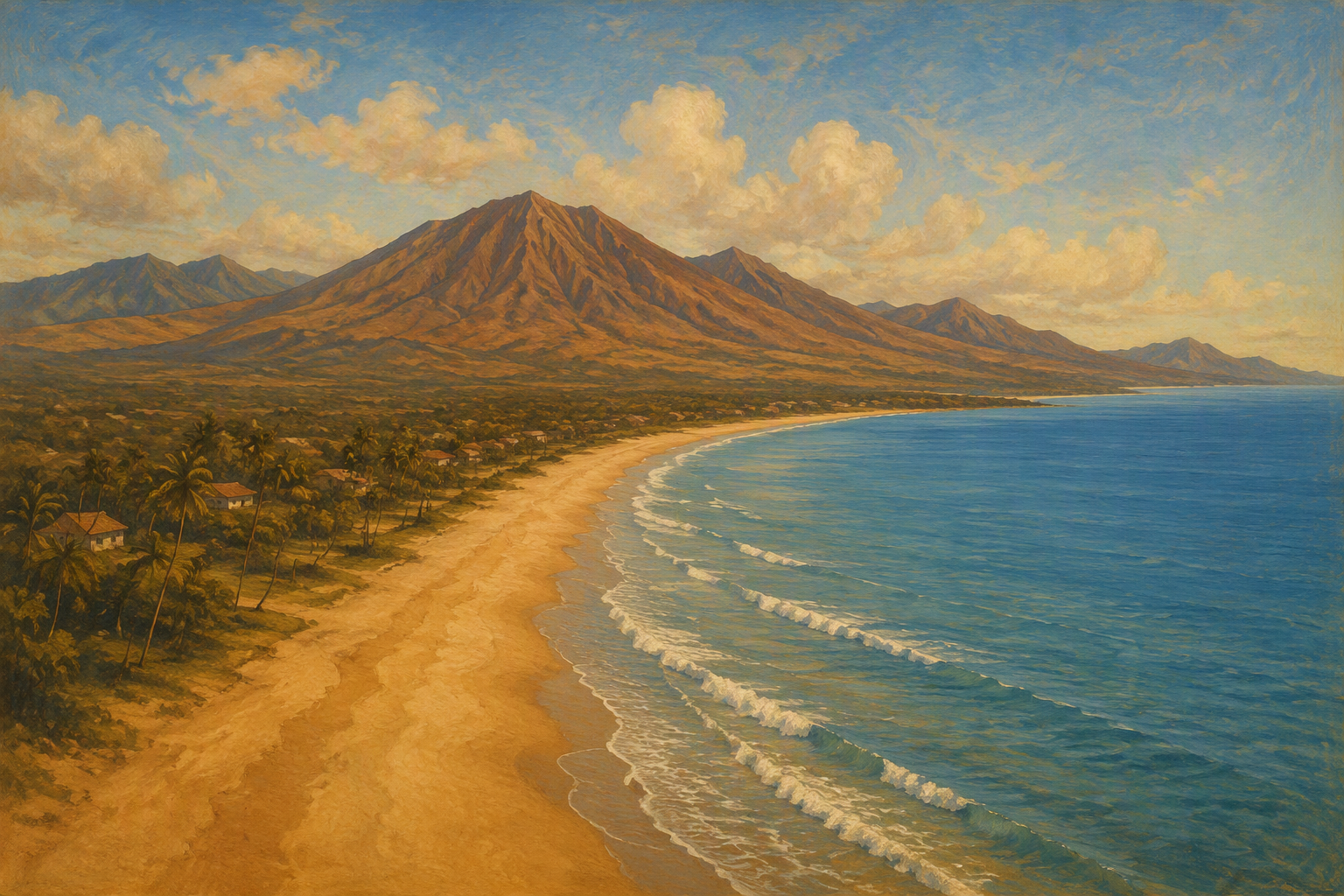 Pitkä hiekkaranta ja sininen valtameri aurinkoisena päivänä Pitkä hiekkaranta ja sininen valtameri aurinkoisena päivänä